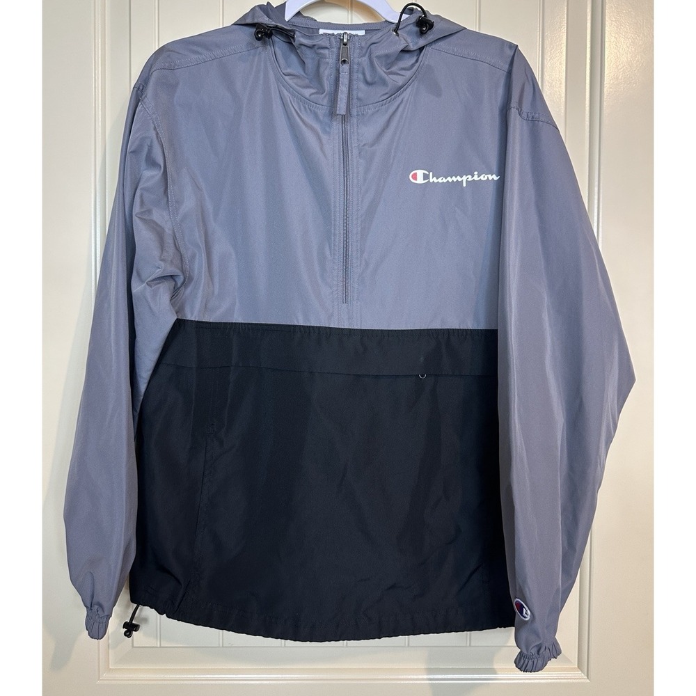 Champion Windbreaker Hooded Jacket Gray Black Packable Sz S GUC